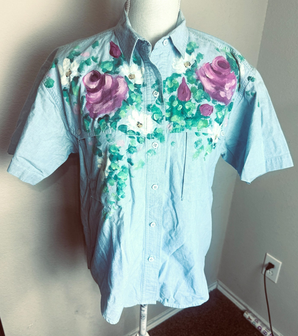 Vintage Cricket By The Creek Hand Painted Floral Button Down Shirt Roses denim M